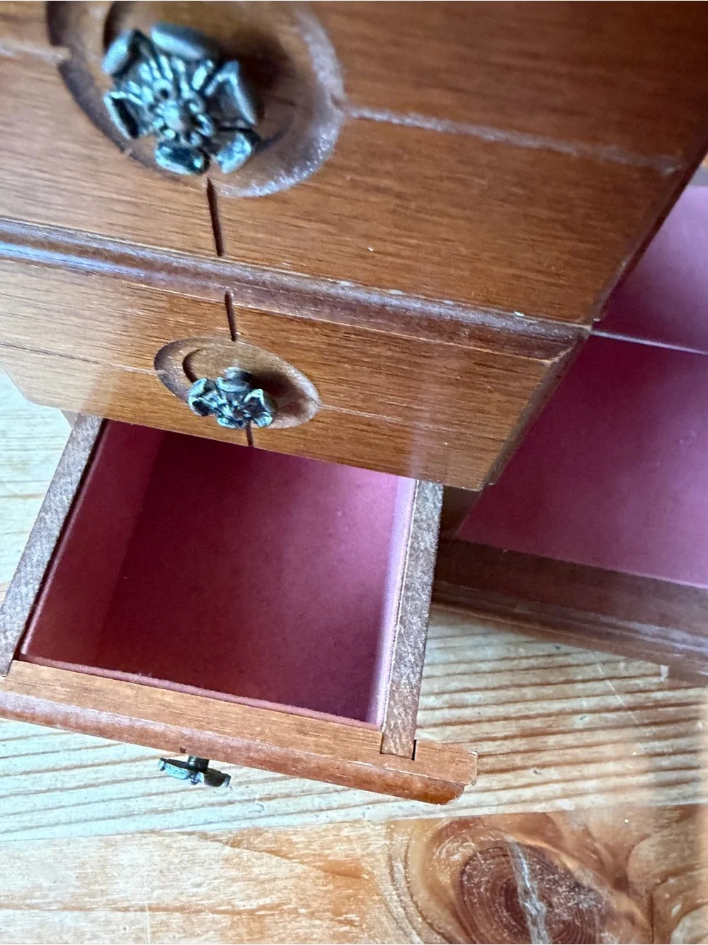 Vintage Wooden Jewelry Cabinet with Floral Glass Door